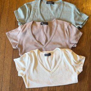 Liz & Sarah Ribbed V-Neck Crop Tops - Mint, Blush, and Ivory